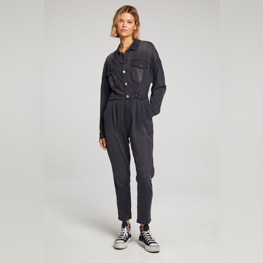 Faded Denim Coverall Jumpsuit in Washed Black Size 8